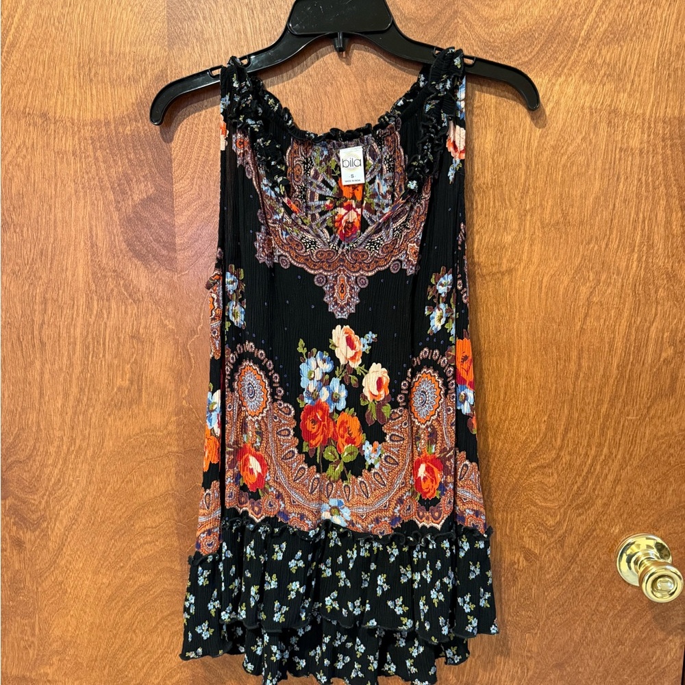 Bila Black and Orange Floral Sleeveless Blouse